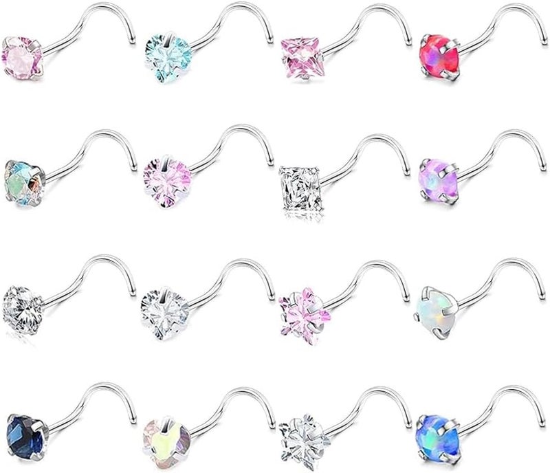 SEEDRILL Nose Rings Studs for Women 16Pcs 18g/20g Nose Studs Hypoallergenic 316L Surgical Steel Nose Piercings Jewelry 3mm CZ & Opal Nose Ring L Shape Nose Stud 20 Gauge Nose Screw Studs - Image 1